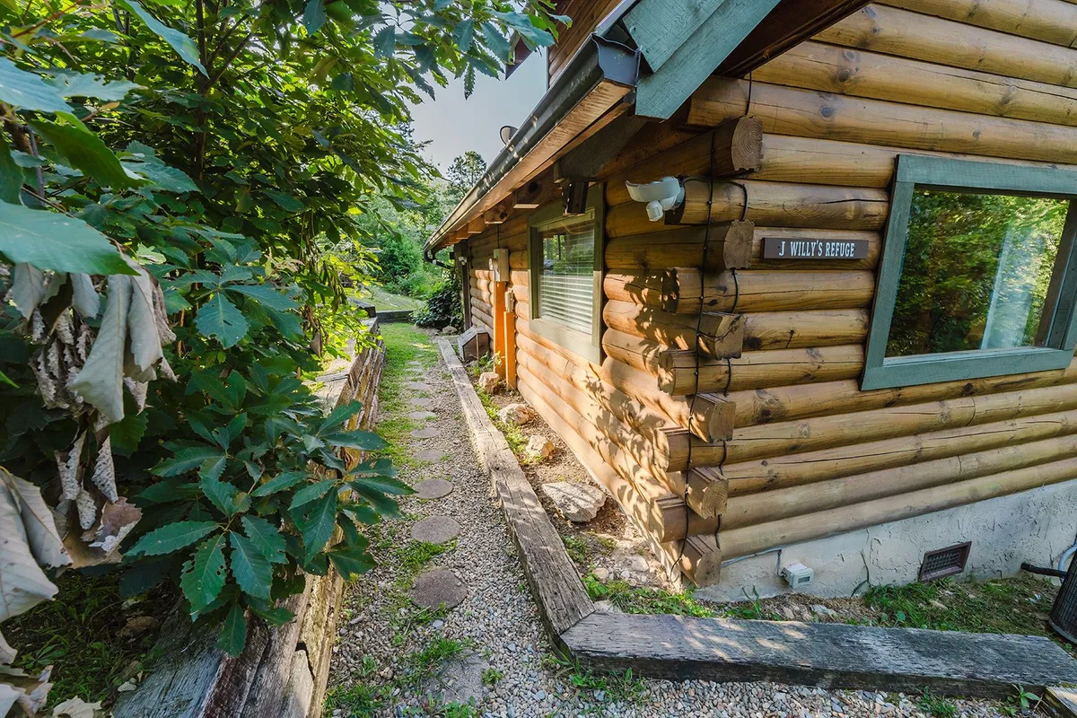 Shows the log cabin exterior with a pathway leading to the entrance, embraced by surrounding greenery. The pathway and natural setting evoke a sense of exploration and peaceful return after outdoor adventures.